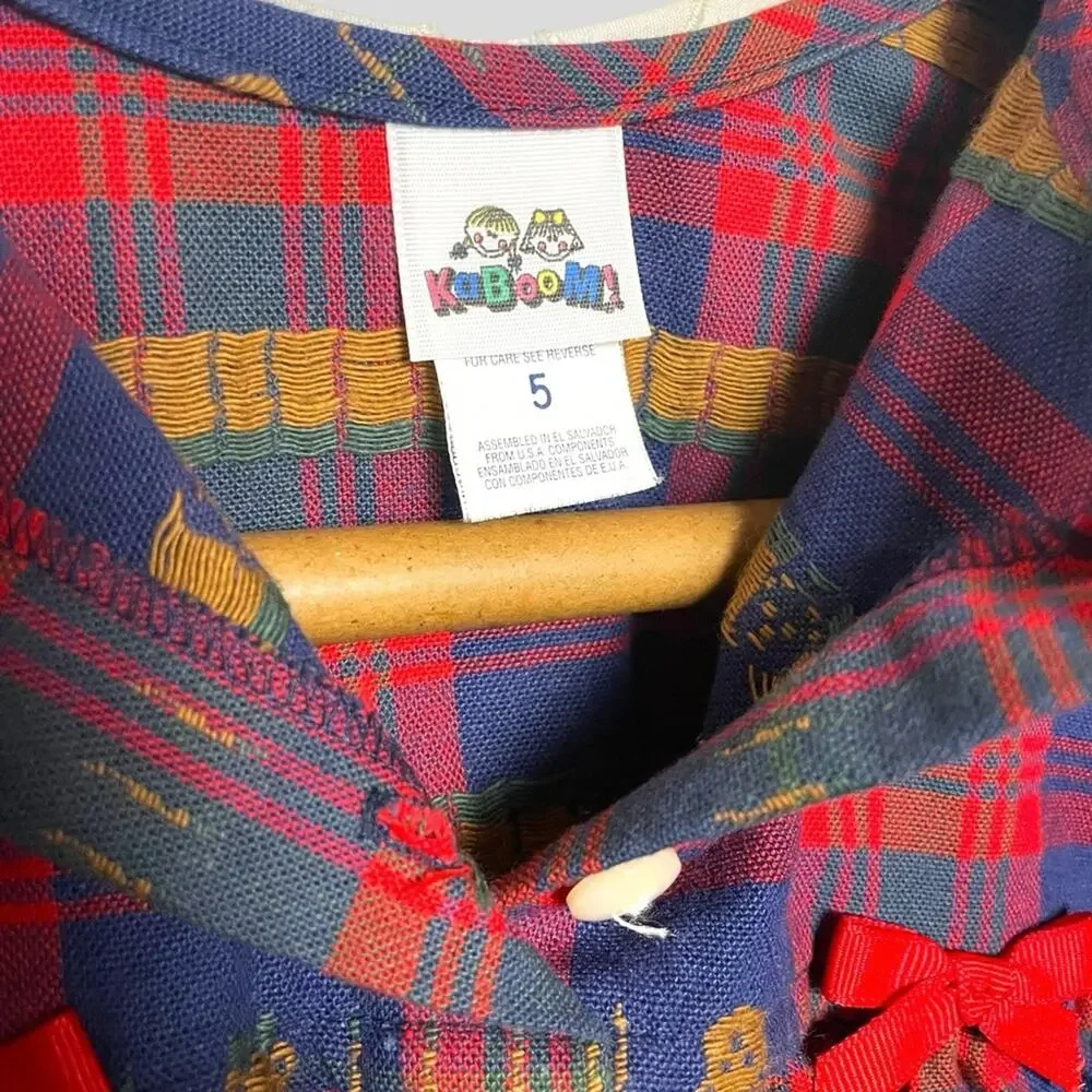 Vintage girls red blue Plaid teddy bear Dress with Lace Collar trim bows size 5